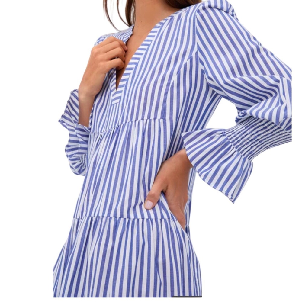 POMANDER PLACE Kenzo Poplin Blue Stripe Dress Tiered Ruffle Tuckernuck Size S